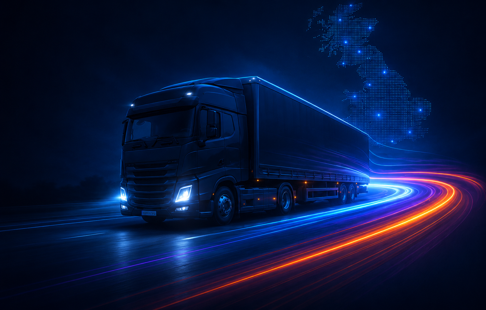 HGV lorry on a motorway at night with blue light-trails leading to a dotted map of the United Kingdom